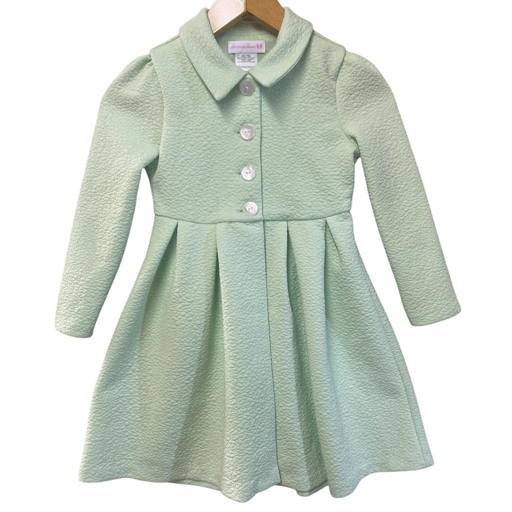 Bonnie Jean Coat Dress Girl 7 Mint Green Textured Pleated Button Front Matelasse